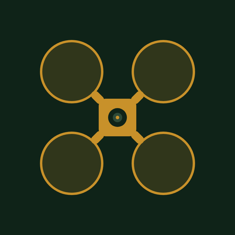 A top-down view of a quadcopter drone with four propellers and a central camera.