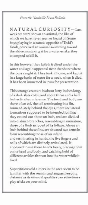 Page from Nashville News Bulletin titled "Natural Curiosity" describing an animal attacking a water-snake and its subsequent discovery, detailing its size, color, and features.