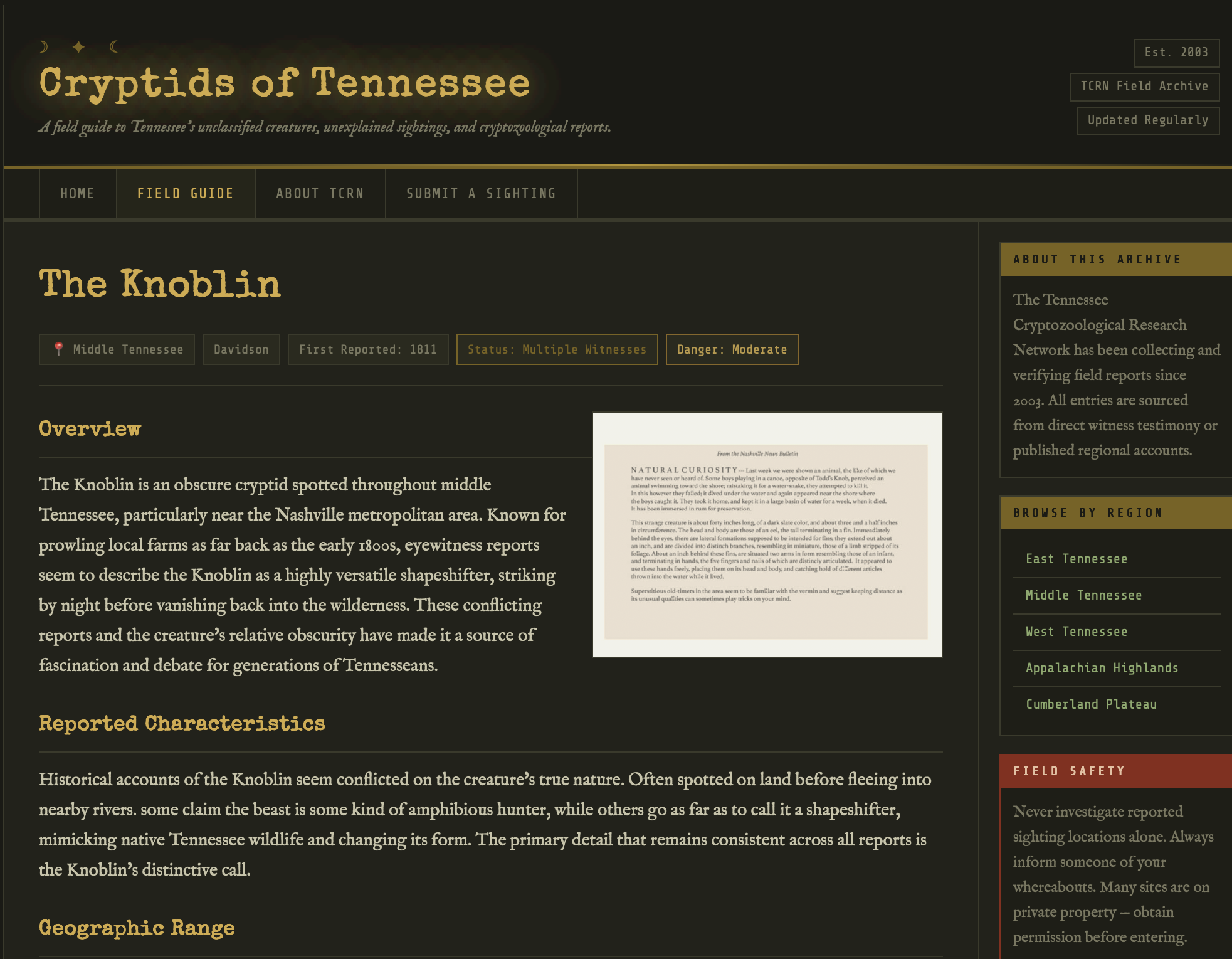 Screenshot of a website titled 'Cryptids of Tennessee,' providing a field guide to Tennessee's cryptids, including information about The Knoblin, with categories such as overview, geographic range, and field safety, and a color-coded side menu to browse regions within Tennessee.