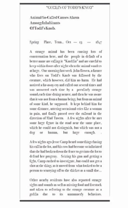 Excerpt from a newspaper article titled 'GOBLIN OF TODD'S KNOB'  involving a strange creature causing destruction, with a story about a cow and its owner.
