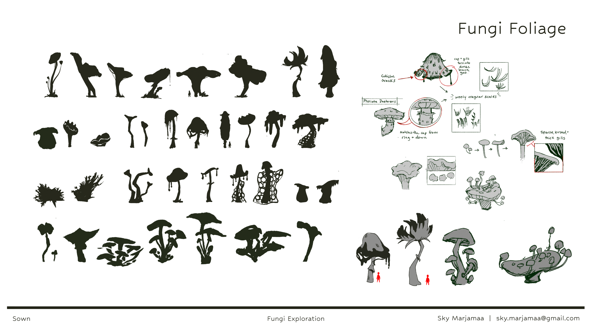 Concept silouhettes and sketches for Unnatural Fungi Foliage