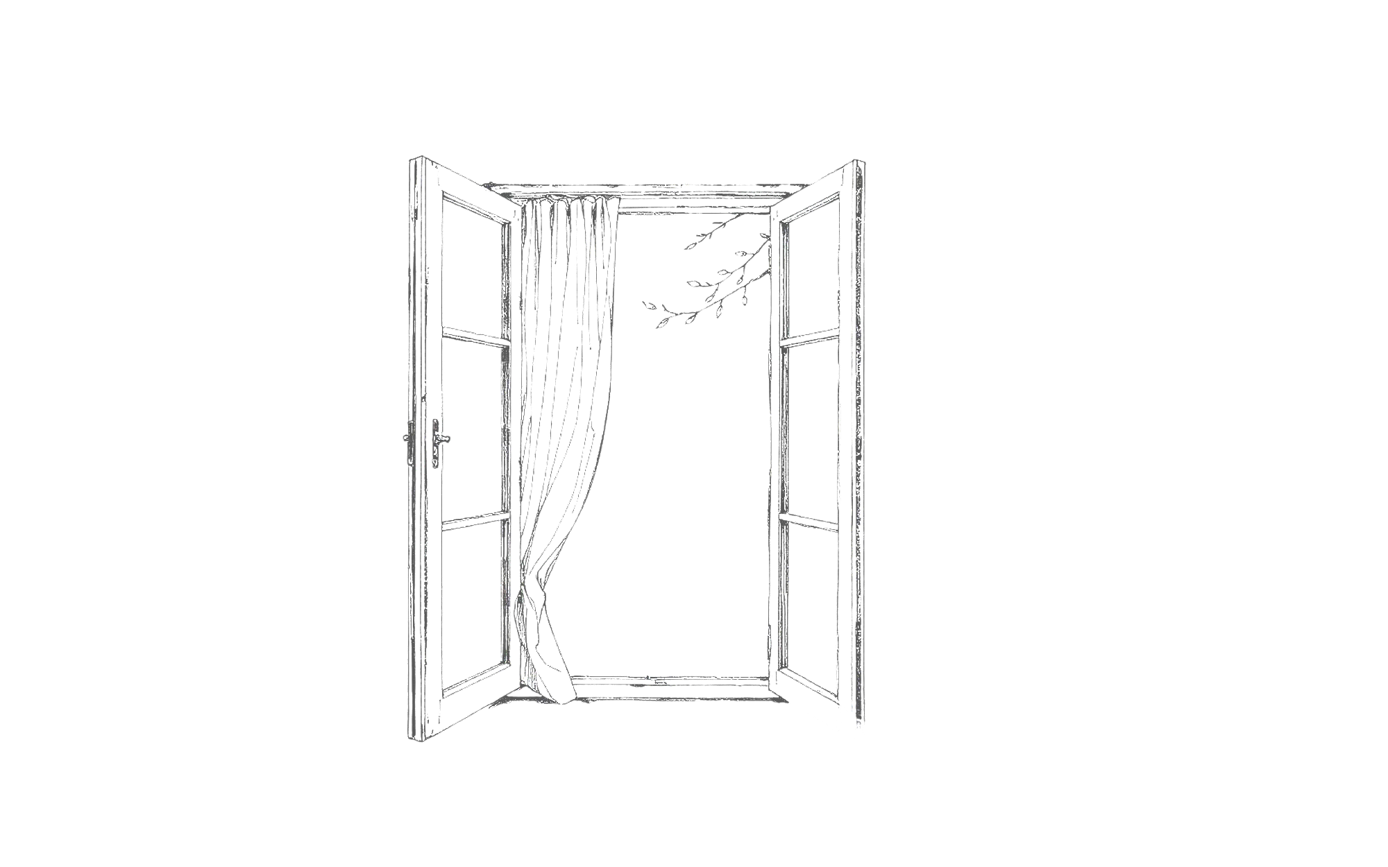 Open door with a curtain and a sprig of leaves hanging inside.