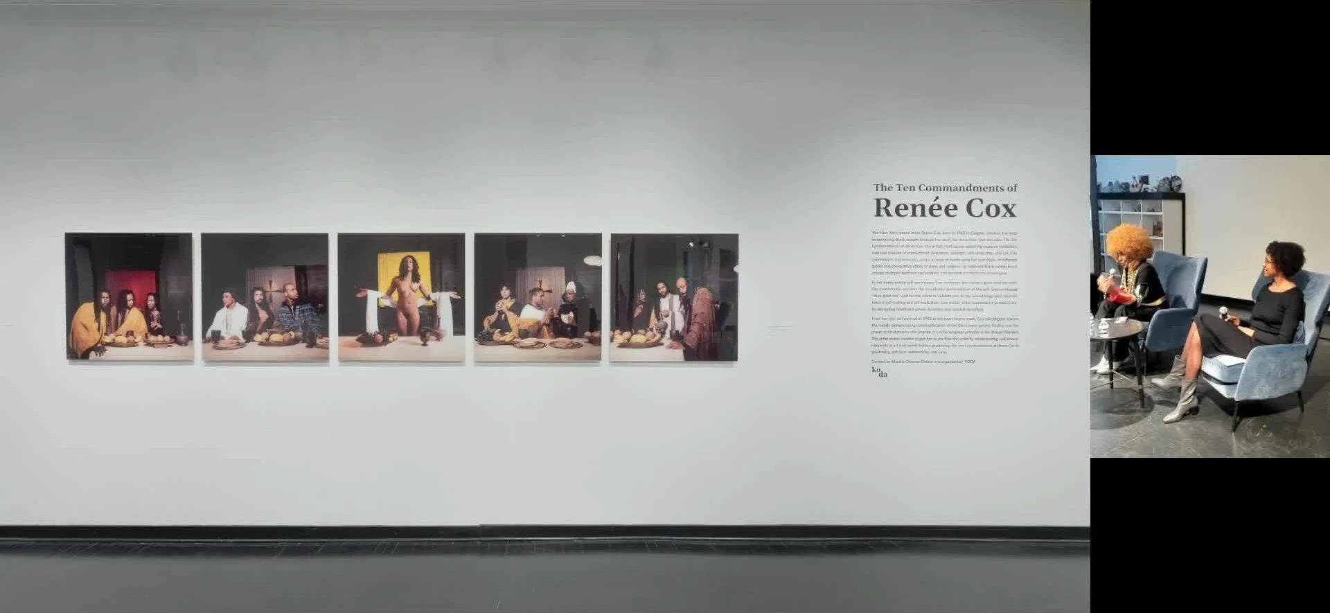 The Ten Commandments of Renée Cox at Princeton University Art Museum, Art on Hulfish: gallery wall with Black Panther Last Supper, and Renée Cox in conversation with curator Klaudia Ofwona Draber