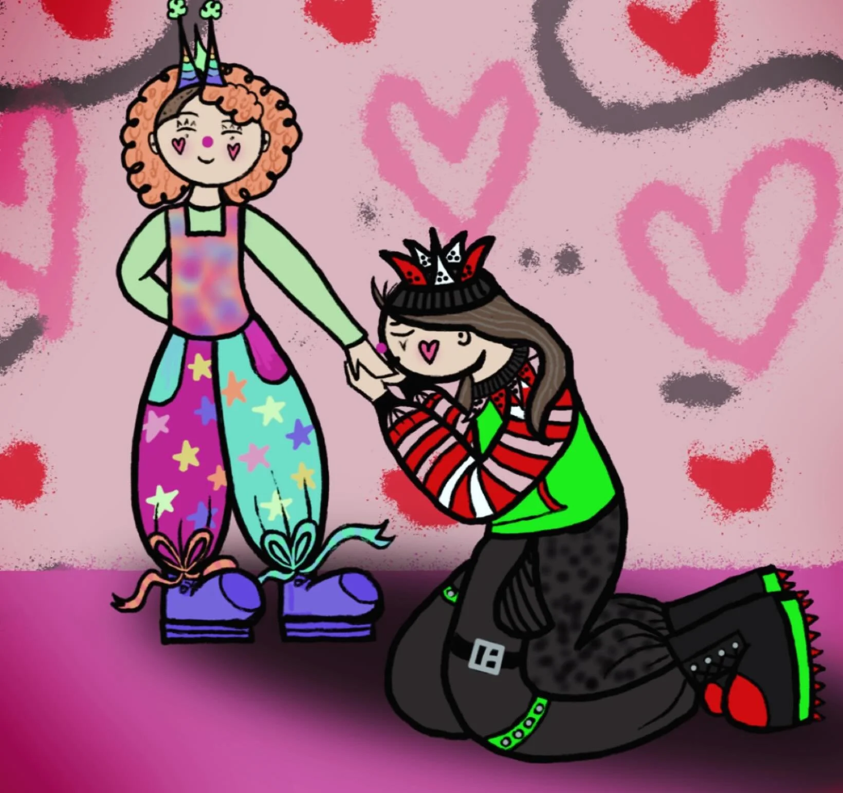 I meant to post this for Valentines 💘 but Millie the clown girl 🤡 (one of my alter ego cartoons ) met a clown lover 🫣❤️🖤

#digitalillustration #clowncore #procreateartists #alterego #alterntiveartist