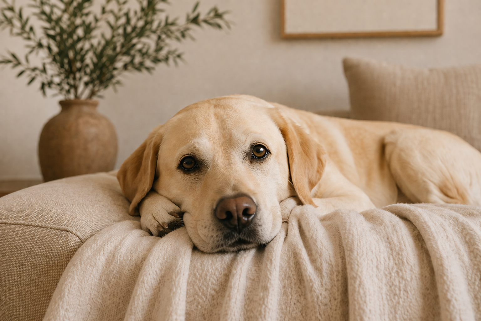 A yellow Labrador Retriever lying on a beige couch with a blanket, resting its head on its paws, in a cozy living room.
