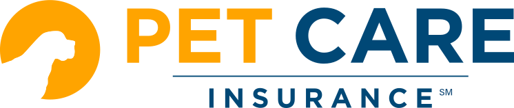 Logo for Pet Care Insurance, featuring a white dog head silhouette inside a yellow circle with the text "PET CARE" in bold yellow and navy blue, and "INSURANCE" below in smaller navy blue font.