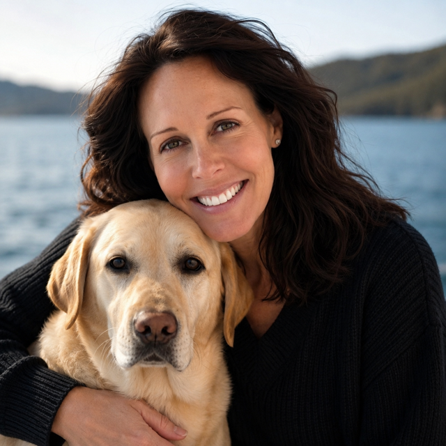 A woman with brown hair smiling and hugging a yellow Labrador retriever dog outdoors by a lake.