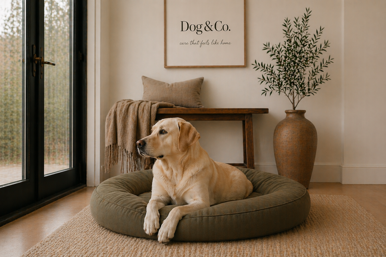 A yellow Labrador Retriever lying on a round green dog bed inside a cozy room with natural light coming through glass doors. The room decor includes a large potted plant, a wooden bench with a beige pillow and blanket, and a framed sign on the wall that reads 'Dog & Co. care that feels like home.'