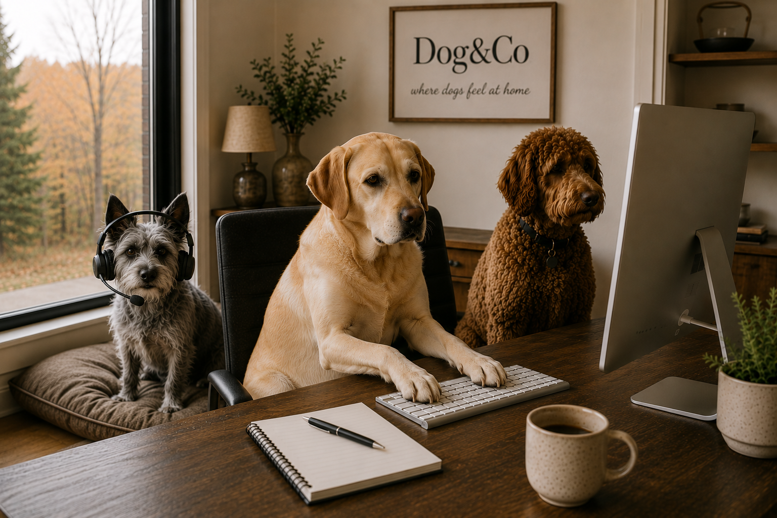 Three dogs, one with headphones, sitting at a desk in a home office, with a sign that reads "Dog&Co where dogs feel at home" in the background.