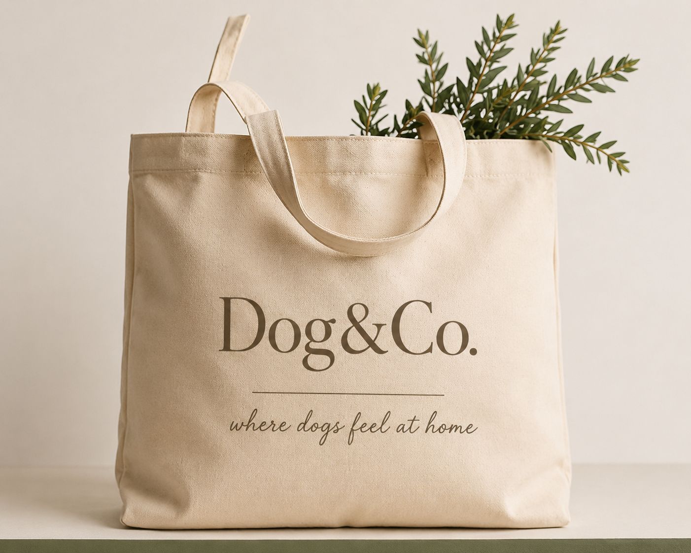 A beige tote bag with the text 'Dog&Co. where dogs feel at home' printed on it, with green leafy branches peeking out from the top.
