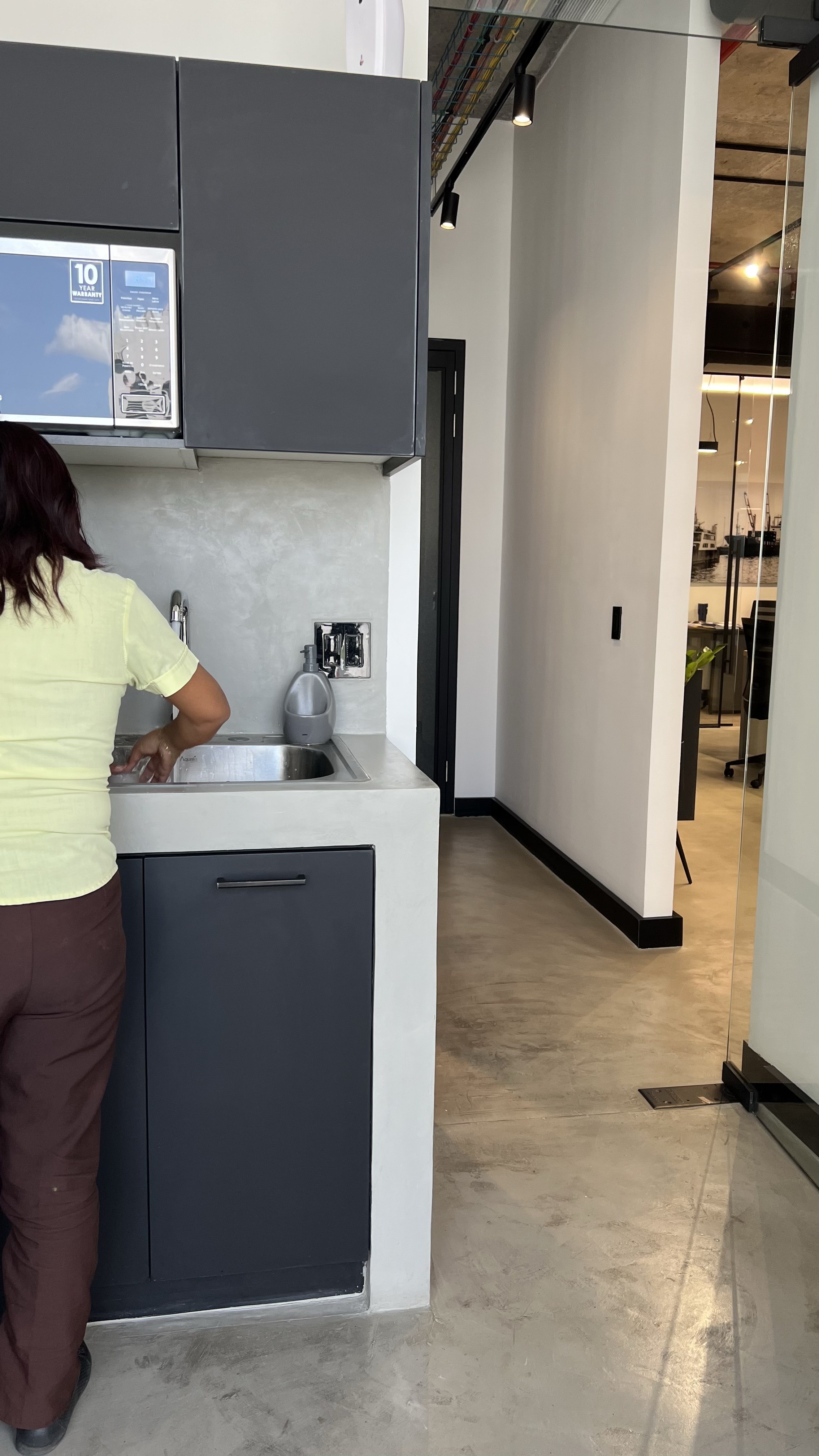 Person washing hands at a small kitchen sink in an office or commercial space, with dark cabinets, a soap dispenser, and a modern interior with wood flooring and glass walls.