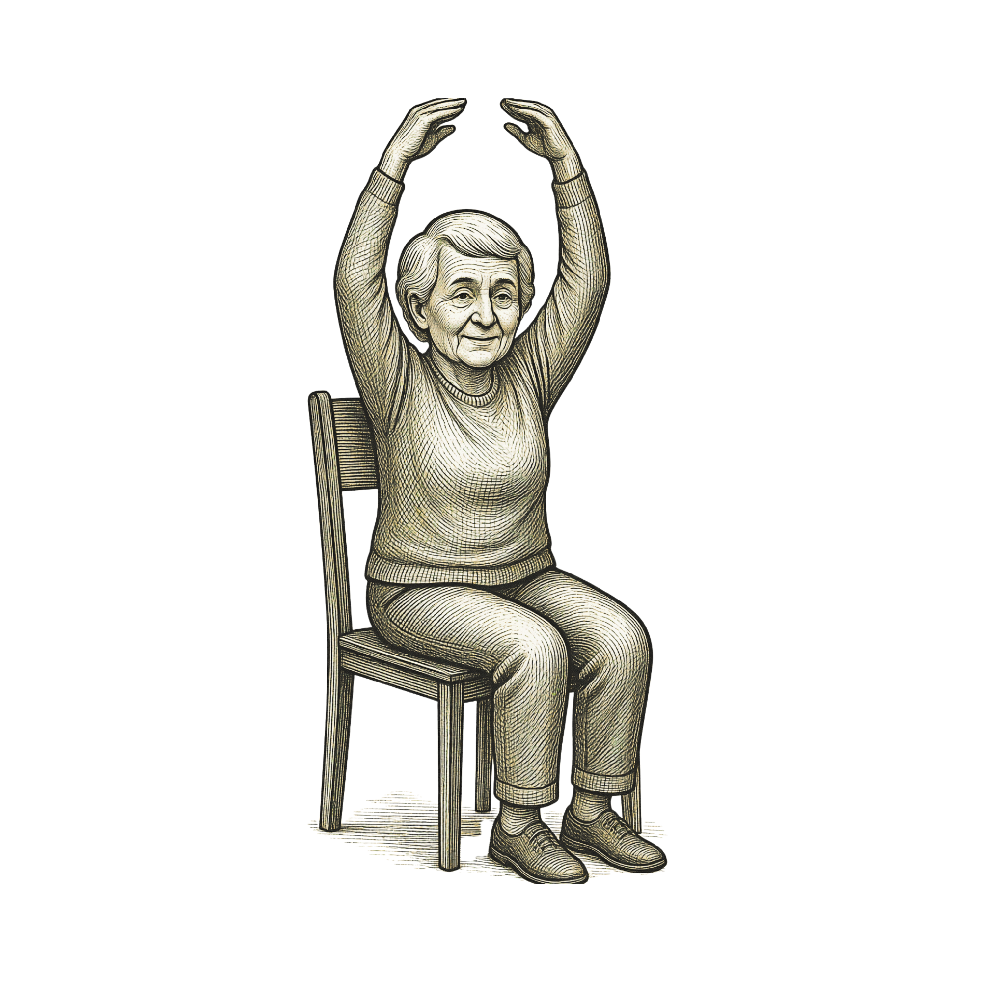 Black and white illustration of an elderly woman sitting on a wooden chair with her arms raised above her head, as if she was stretching.