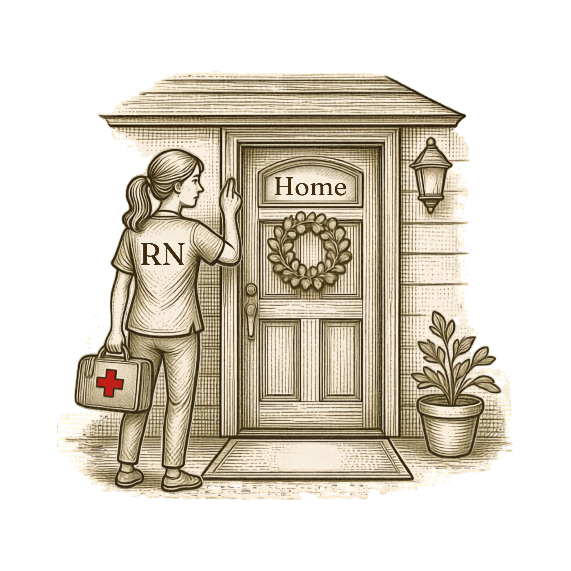 Line drawing of a woman in scrubs with a briefcase, standing in front of a house with a sign that says 'Home,' and surrounded by plants and a wall-mounted lamp.