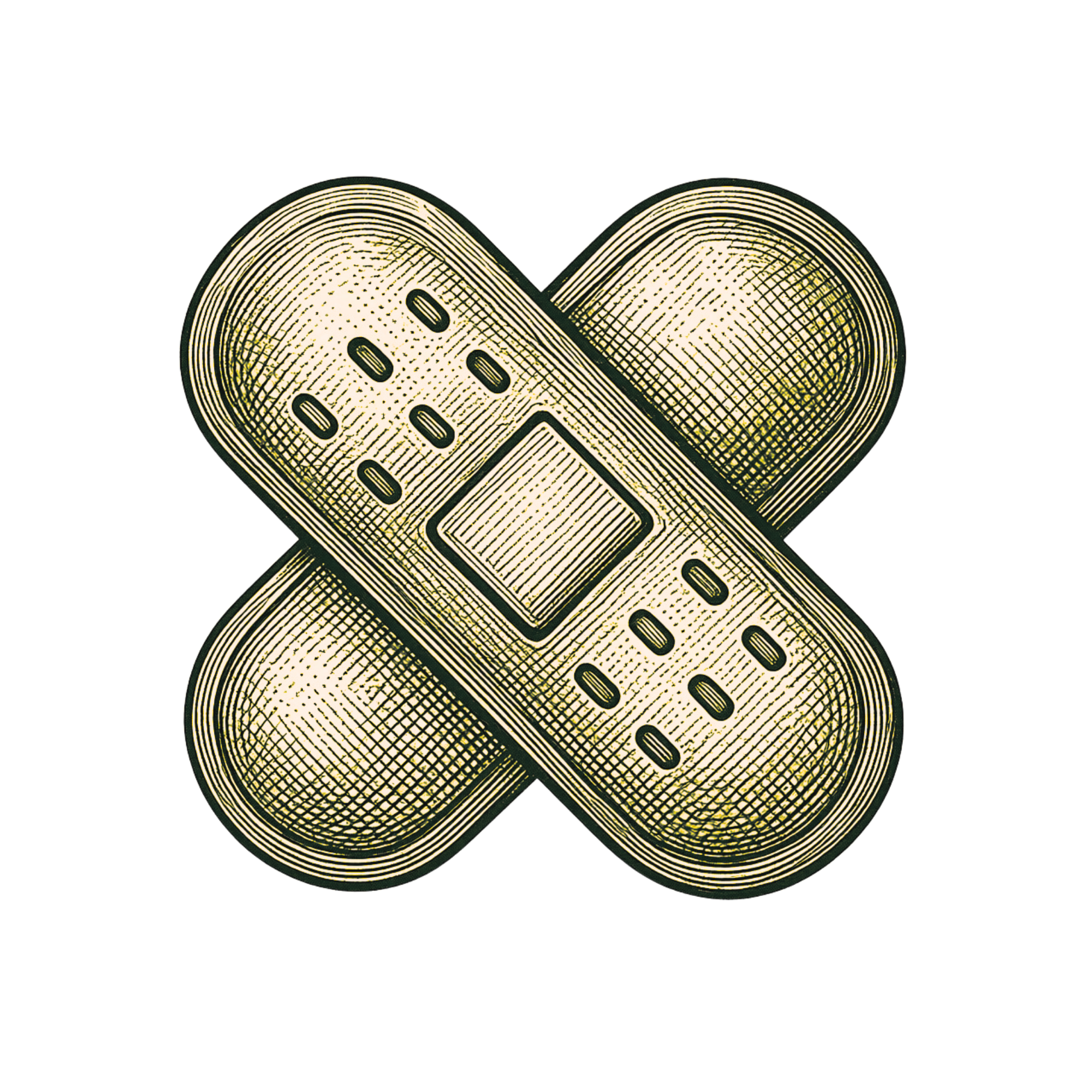 Two crossed adhesive bandages forming an X shape, depicted in a vintage style with detailed lines and shading.