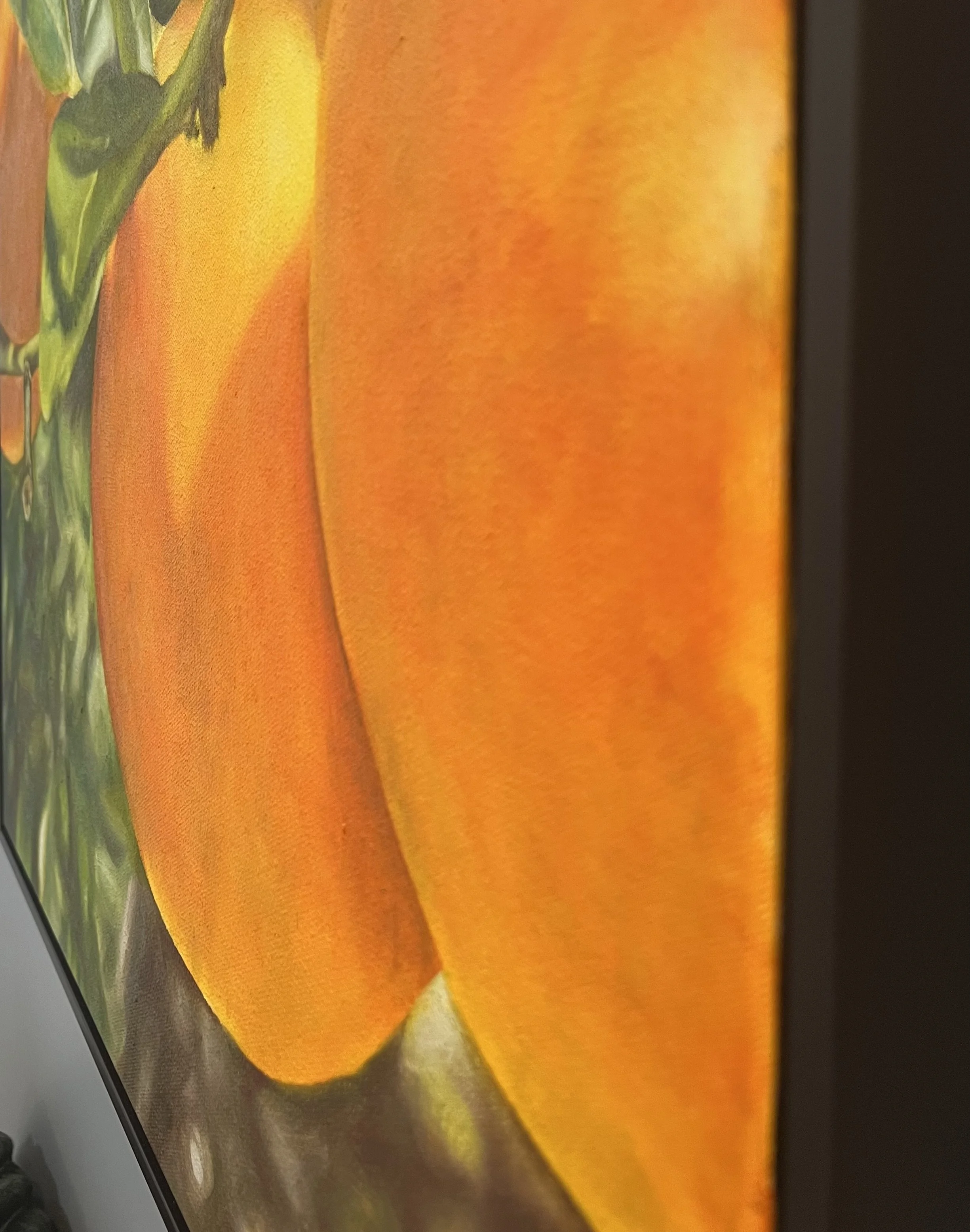 Close-up of Abundance original oil painting by Amanda Stacey, showing the canvas texture beneath softly blended layers of paint