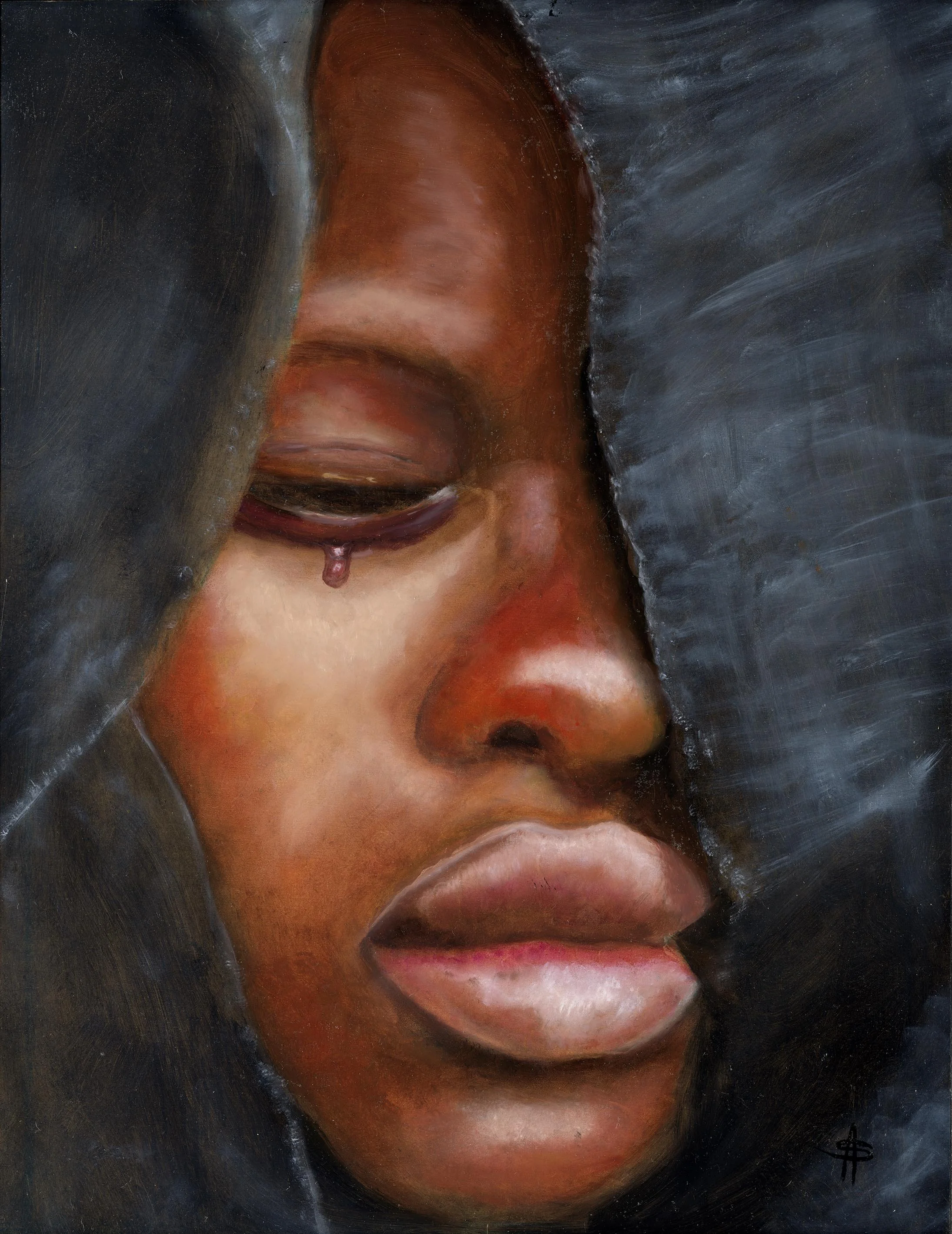 A close-up of a painting depicting a person's face with closed eyes, dark hair, and tears.