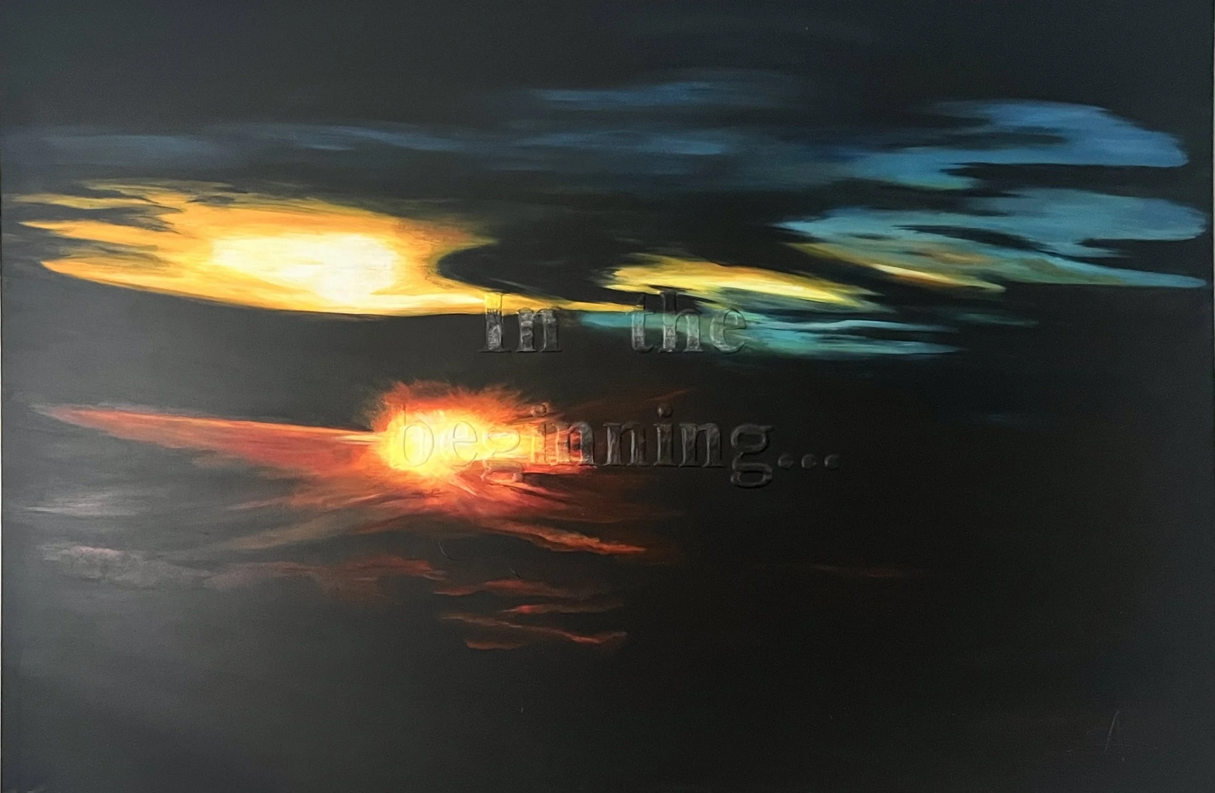 Painting of a sunset with dark clouds and a bright orange sun, with the words 'the dreaming...' faintly visible.