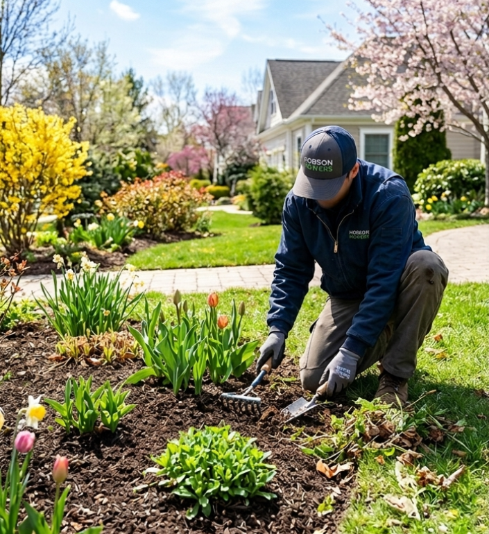 Hobson Mowers technician planting tulips and maintaining a garden bed, part of the Landscaping service