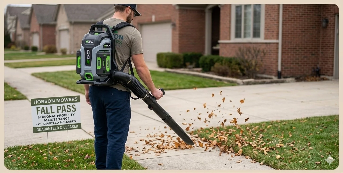 Hobson Mowers technician leaf-blowing a driveway clear of fall leaves, part of the Seasonal Cleanups service
