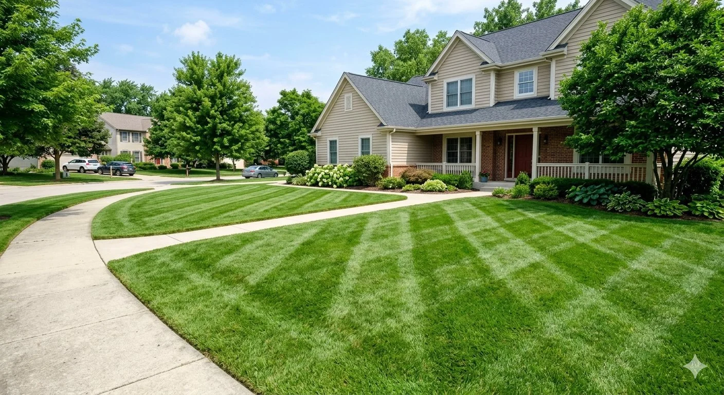 Freshly striped front lawn with clean mowing lines, part of Hobson Mowers' Lawn Care Essentials service