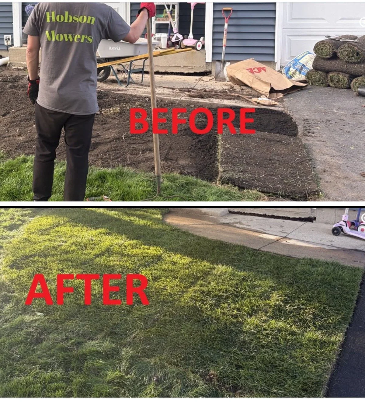 Stumps gone, then new sod installation.