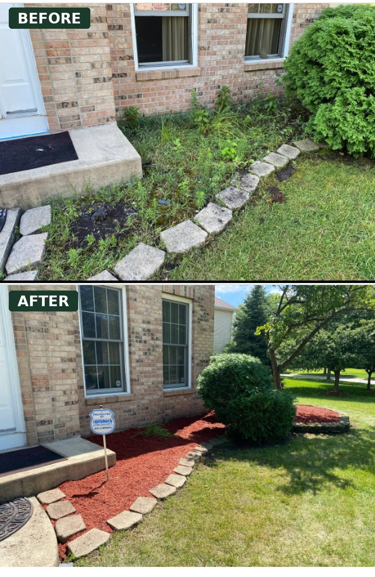 Foundation bed cleanup — cleared, edged, and mulched along the entryway.