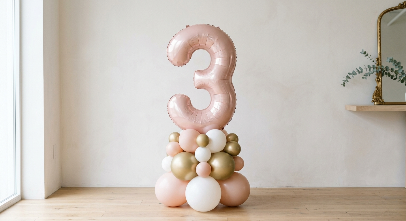 A large pink number three balloon on a balloon arrangement with white, pink, gold, and beige balloons in a room with a wooden floor and a white wall.