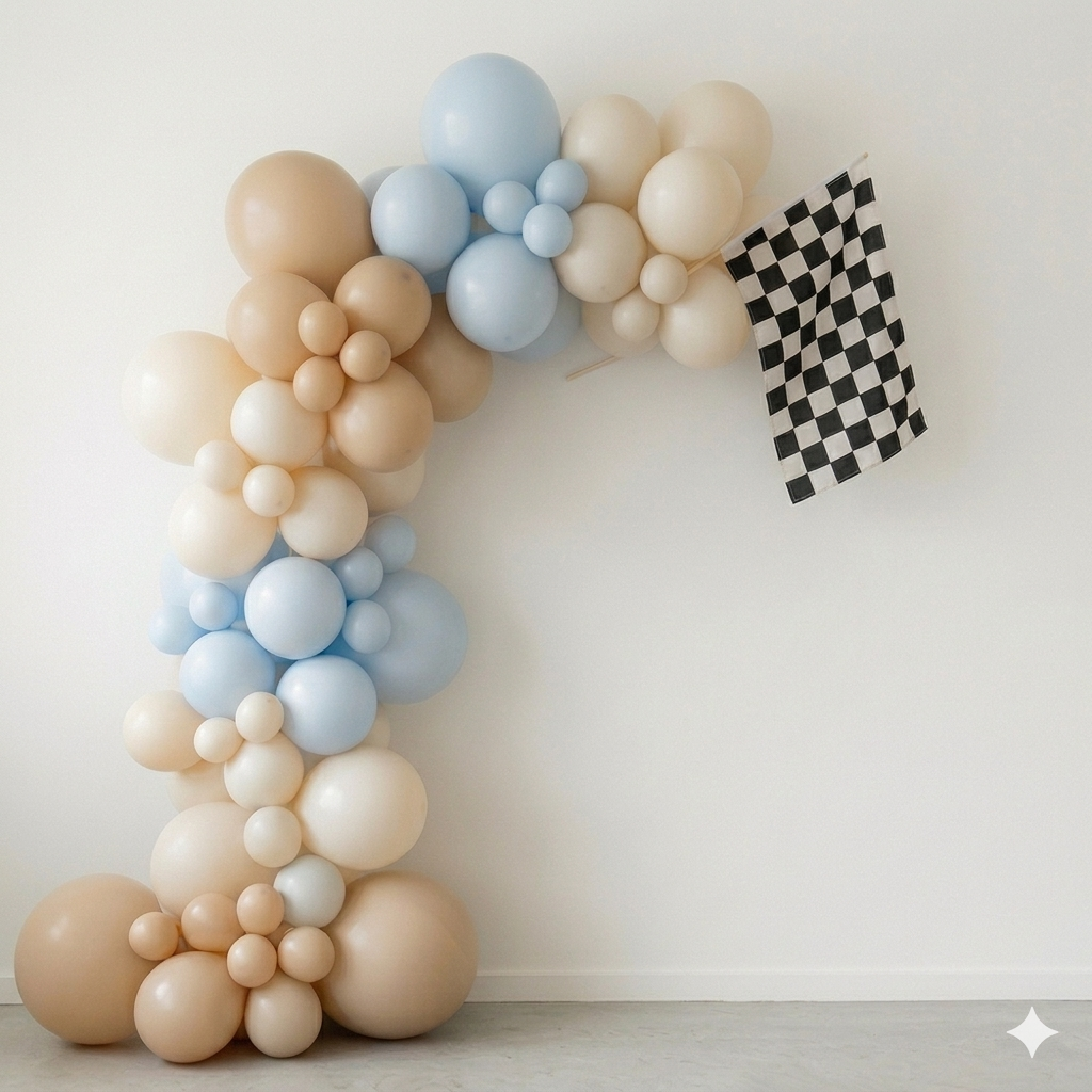 A balloon arch consisting of beige, light blue, white, and cream-colored balloons, with a black and white checkered flag attached to the top right side, against a plain white wall.