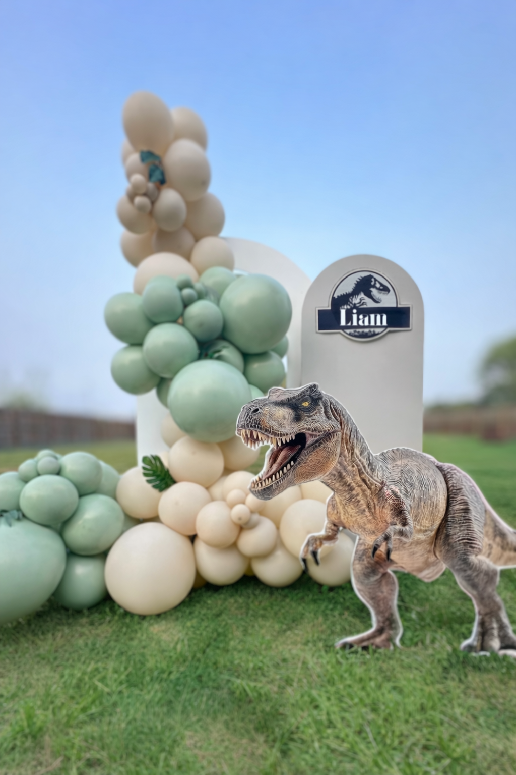Decorative setup with green and white balloons, a dinosaur cutout, and a sign that says 'Liam' with a T-Rex logo, set outside on grass.