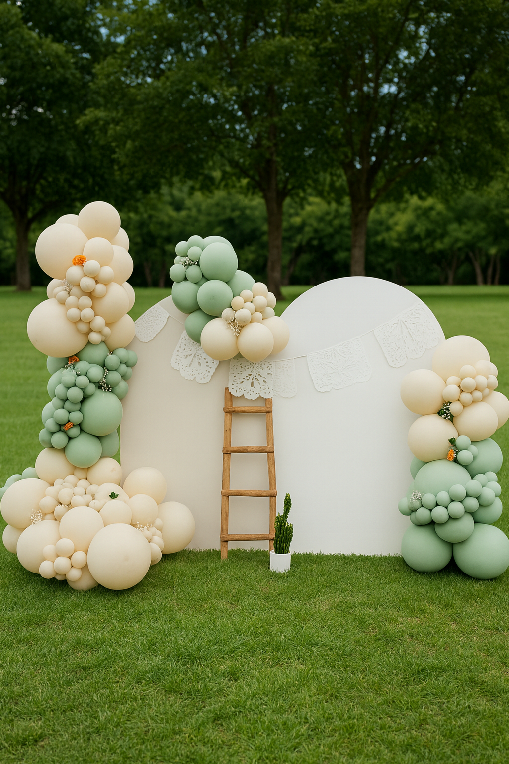 Decorative display with pastel green and white balloons arranged in clusters around a white structure with lace accents, a small ladder, and a potted cactus, set outdoors with trees in the background.
