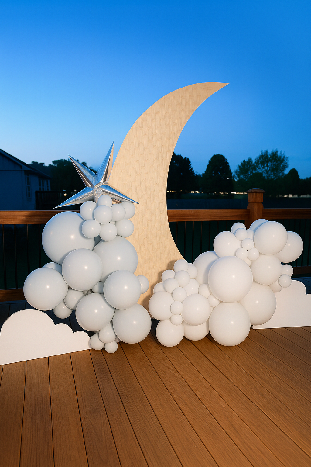 A decorative cake or art installation featuring a large crescent moon, a silver star, and clusters of white balloons on a wooden deck during evening time.