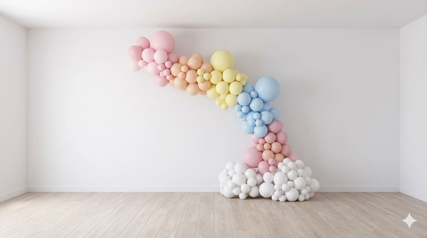 Colorful balloons arranged in an abstract tree shape on a white wall.