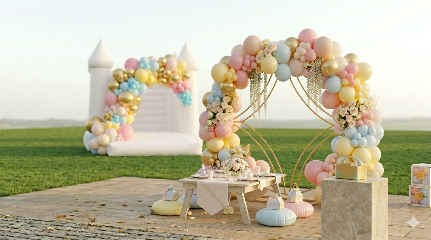 Decorative outdoor setup with pastel-colored balloons arranged in arches, set on a grassy field, with a small table, a white castle inflatable, and a backdrop of a castle-shaped inflatable.