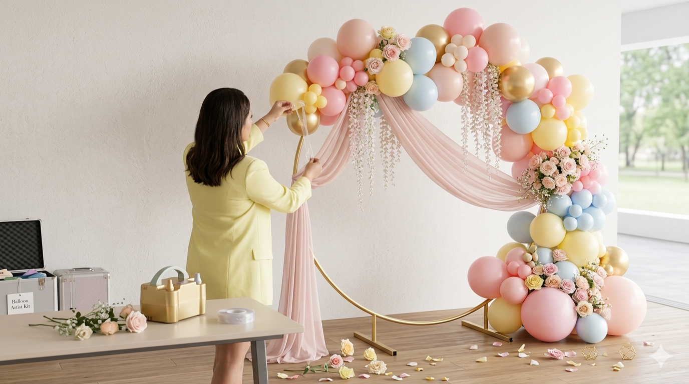 A woman in a yellow blazer decorating an arch with pastel-colored balloons and flowers in a bright room with large windows.