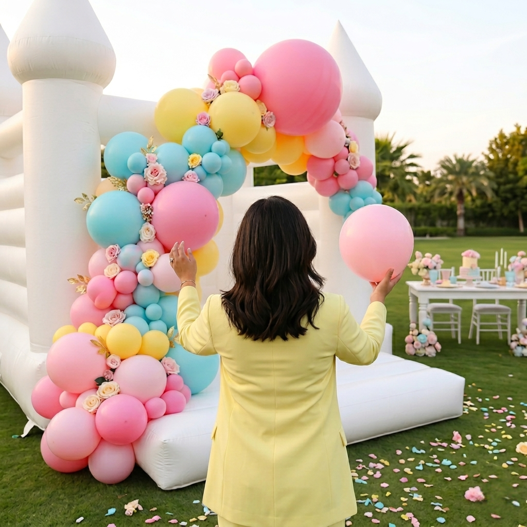 A woman in a yellow blazer standing in front of a colorful balloon arch at an outdoor celebration, with a decorated table and palm trees in the background.