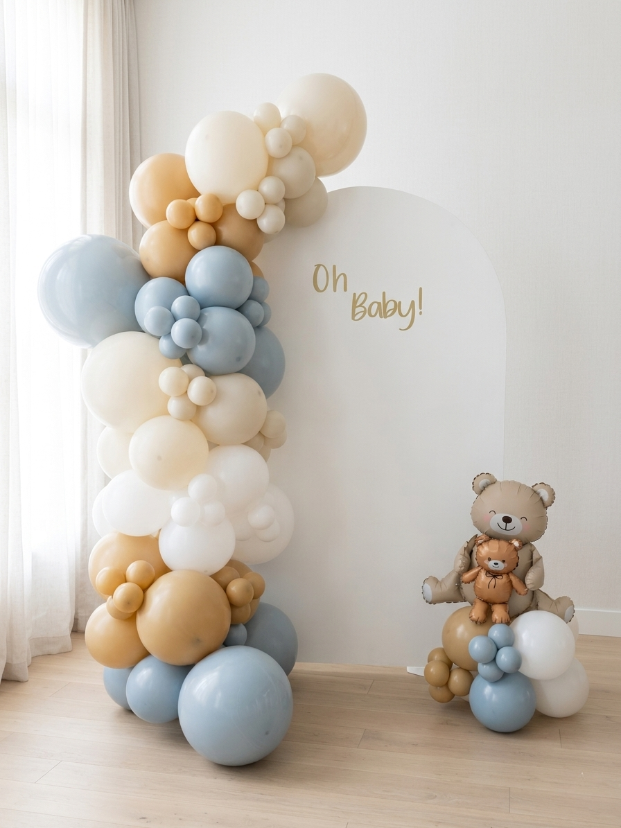 Balloon arrangement with bear and smaller bear balloons next to a white sign that says 'Oh Baby!' in a room with light wood floors and white curtains.