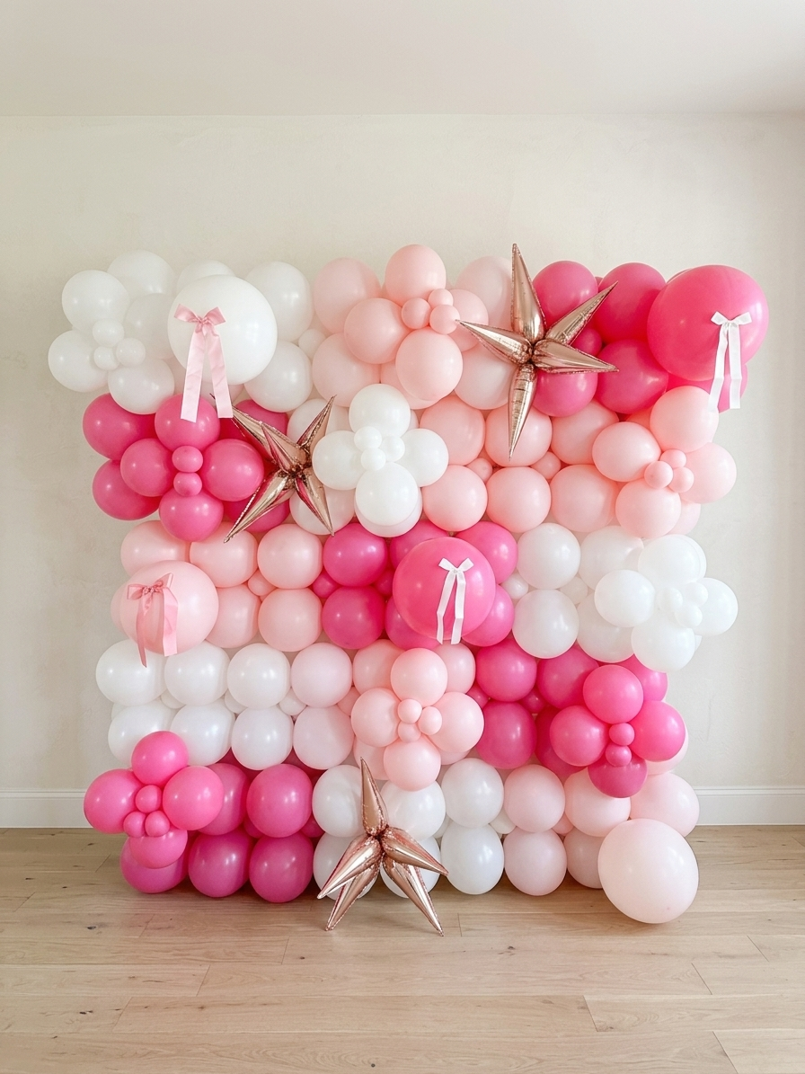 Decorative balloon wall featuring pink, white, and rose gold balloons with star-shaped balloons and pink ribbons.