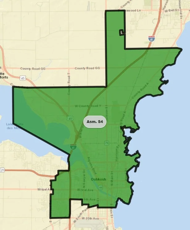 A map of Wisconsin's 54th District.