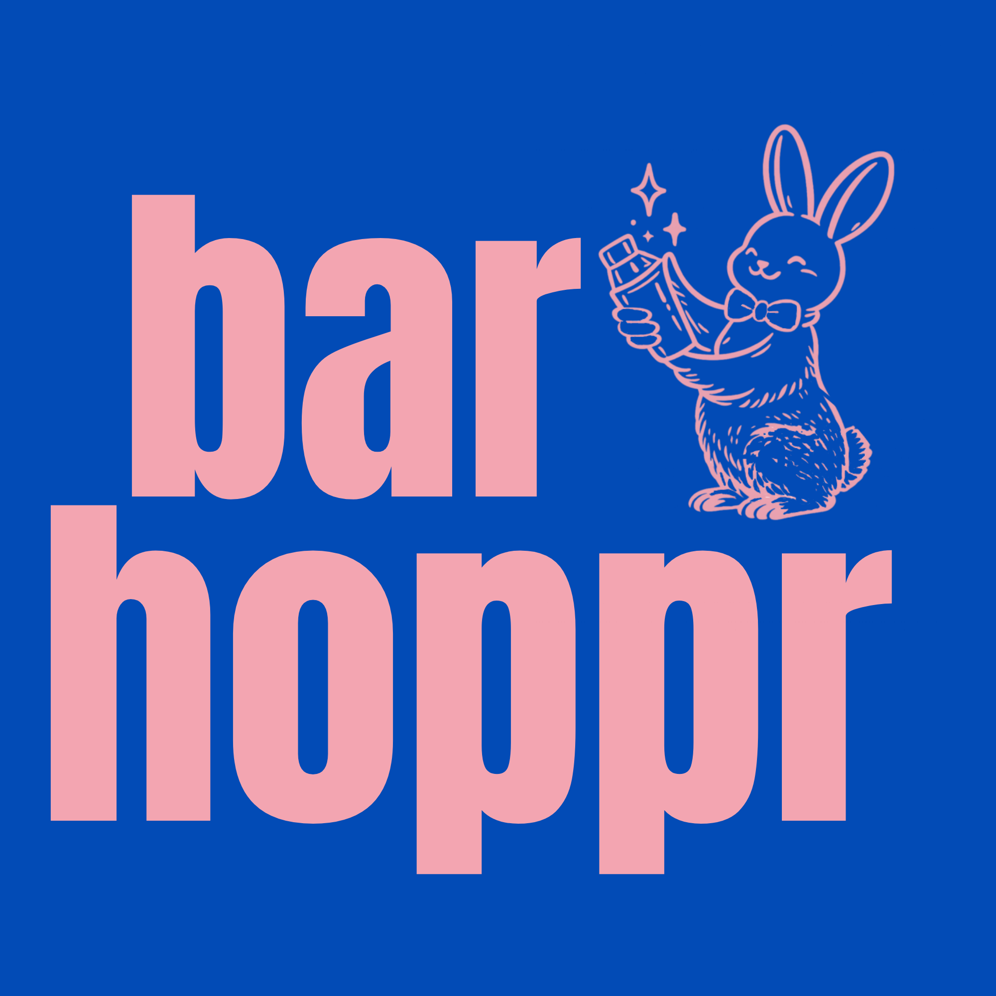 Pink stylized text spelling "happy" on a blue background with an illustration of a smiling bunny holding a sparkler or magic wand.