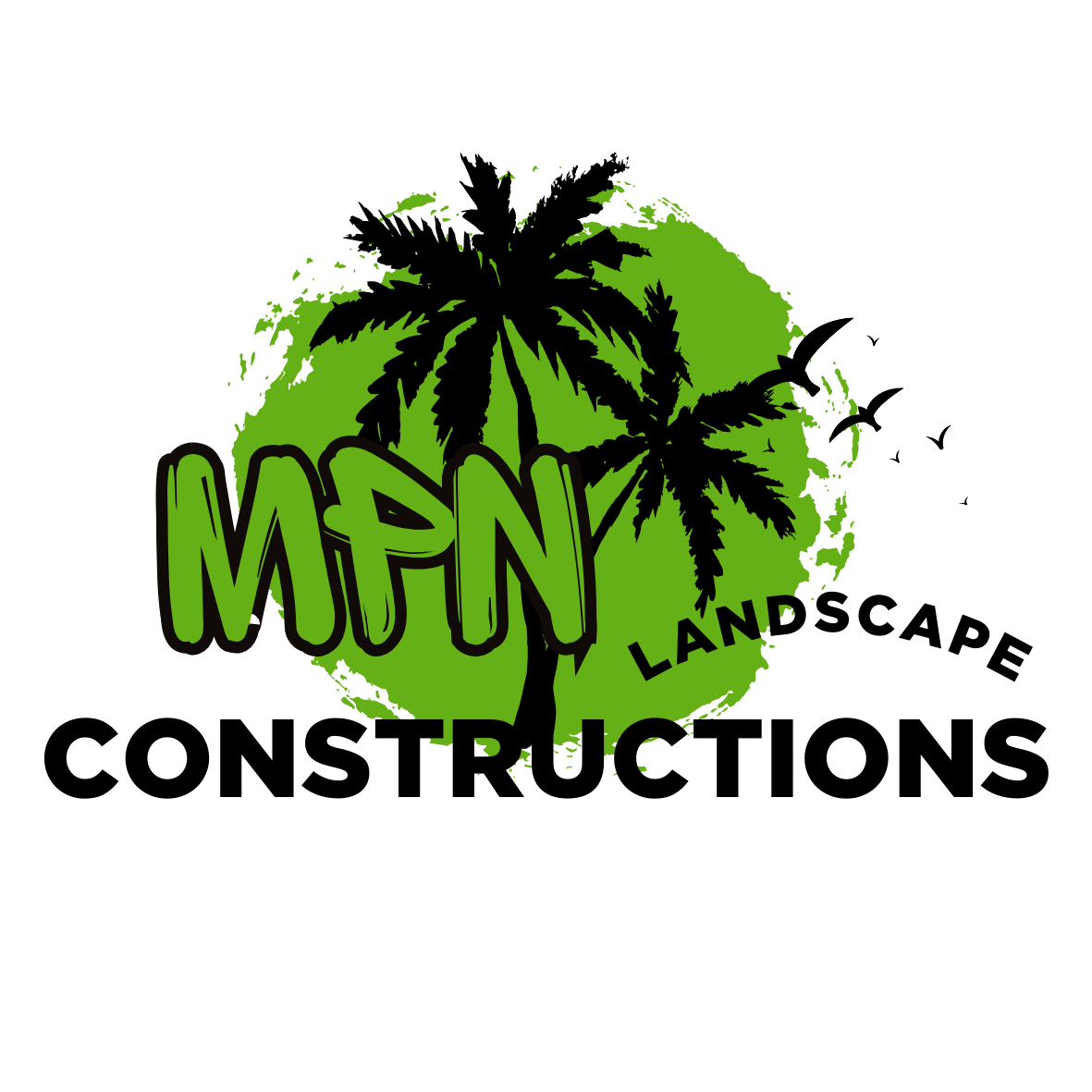 Green circle with black border and silhouettes of palm trees, with the words 'MPNY LAND' prominently displayed in large, stylized green letters.