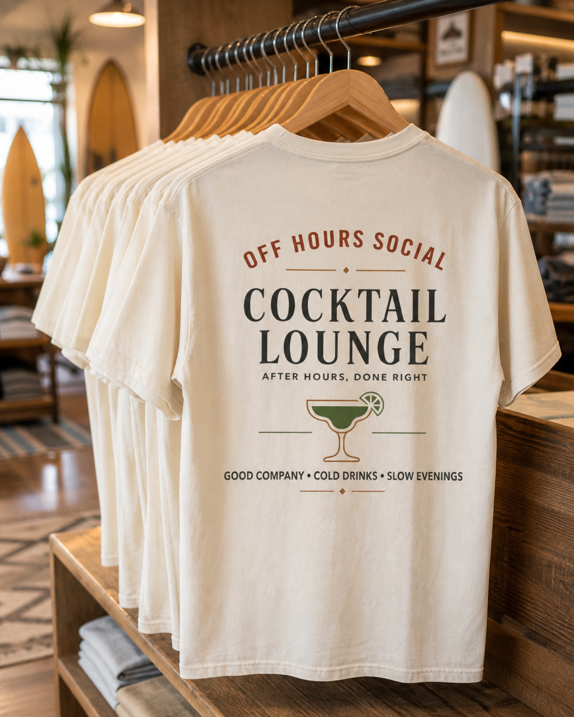 White t-shirt with text promoting a cocktail lounge, hanging on a rack in a store with surfboards and shelves in the background.