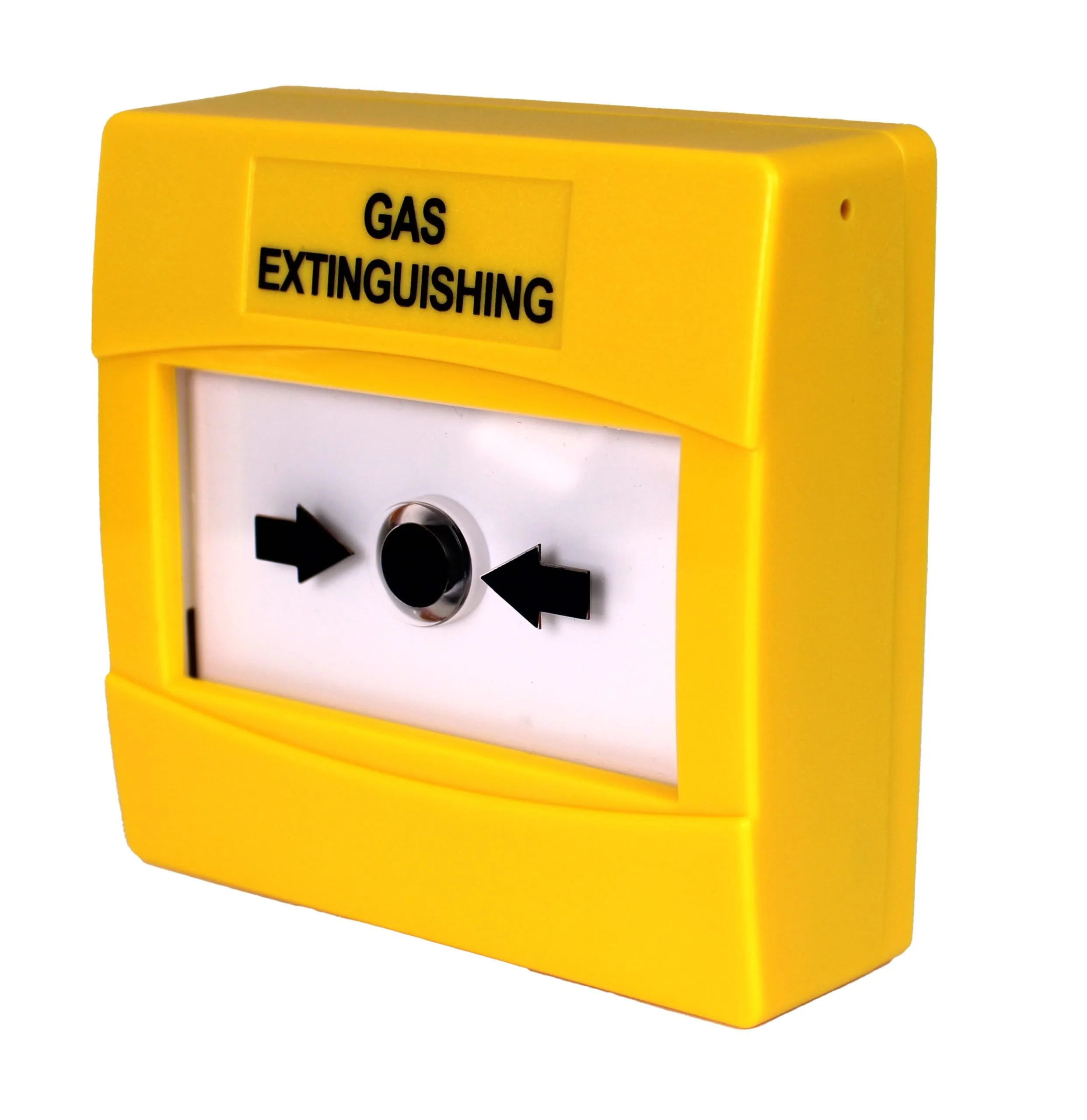 Yellow gas extinguishing alarm box with black text and directional arrows.