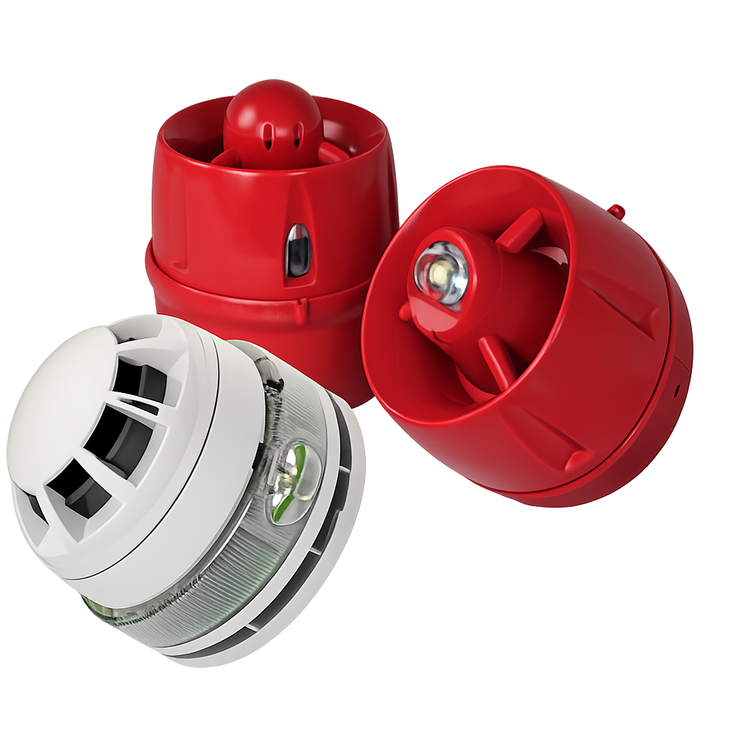Three smart smoke detectors with red and white casing and LED lights