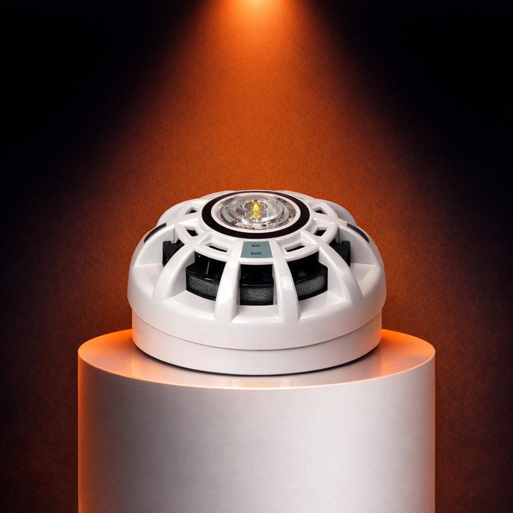A white smoke detector with a black ring around the sensor, mounted on a pedestal against a gradient dark background with a warm light shining down.