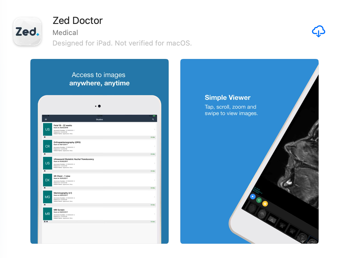 Zed Doctor app, showing a list of medical studies including ultrasound, X-ray, and MRI scans, with a preview of a 3D ultrasound image of a fetus on a smartphone.
