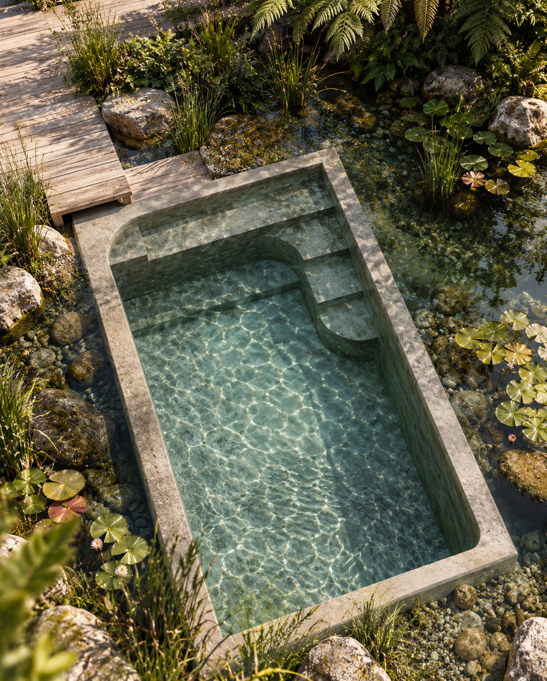 A rectangular outdoor pool with built-in steps, surrounded by rocks, lily pads, and lush vegetation, with a wooden deck nearby.
