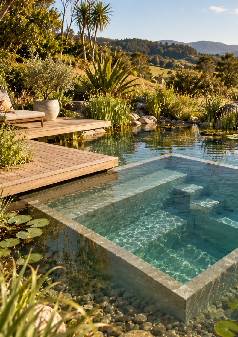 A serene outdoor scene featuring a clear, rectangular pool with submerged stairs, surrounded by lush green plants, trees, and a backdrop of rolling hills under a blue sky with some clouds.