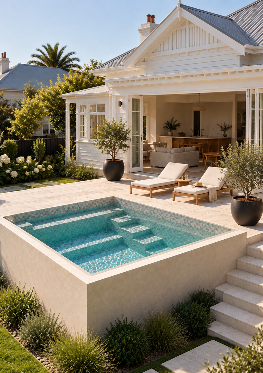 A backyard with a small pool, sun loungers, potted plants, and a white house with open doors leading to an interior living area.
