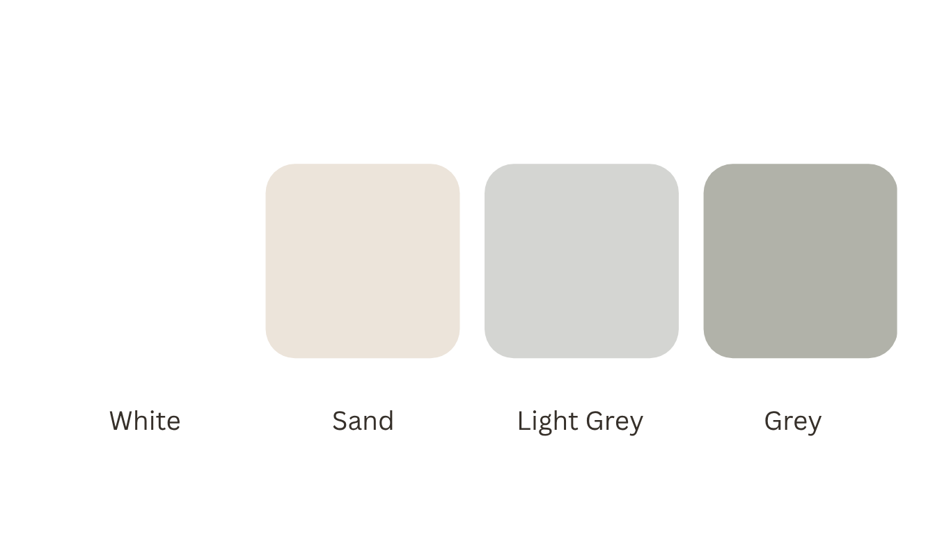 Color palette with four rectangles labeled from left to right: White, Sand, Light Grey, Grey.