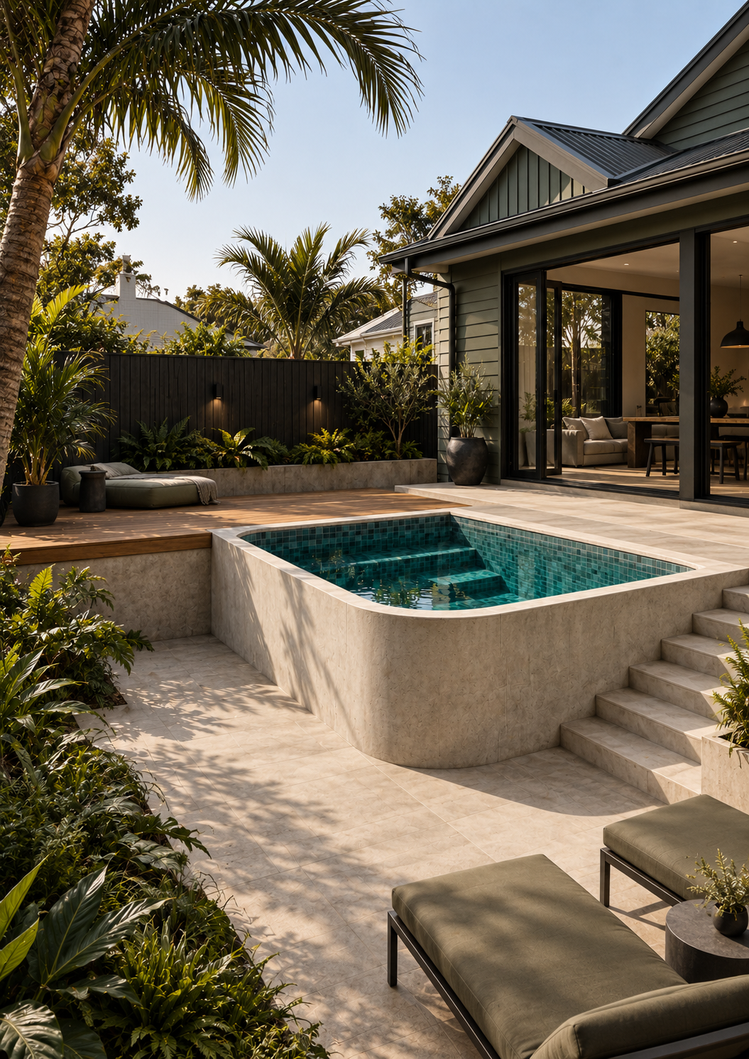 Modern backyard with a small lap pool, surrounded by greenery, outdoor lounge chairs, and a house with large glass doors leading to a living room.